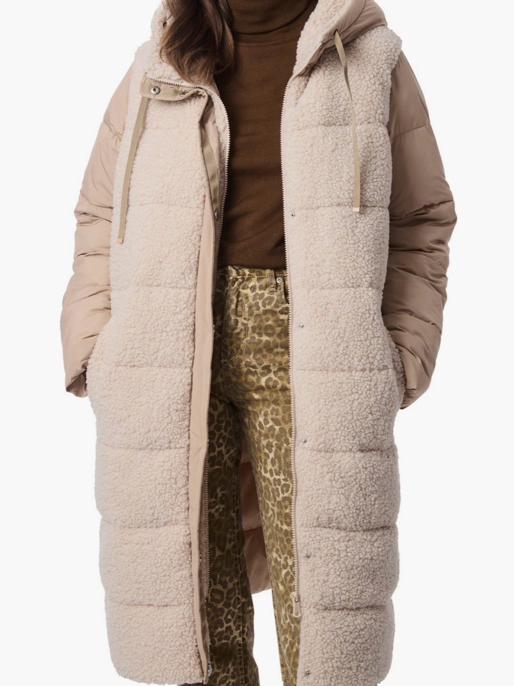 Bernardo Sherpa & Quilted Long Puffer Coat in Beige S